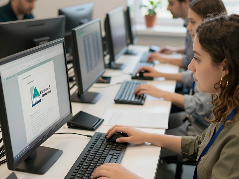 Команда специалистов работает за компьютерами в офисе, обеспечивая кибербезопасность и защиту данных компании
